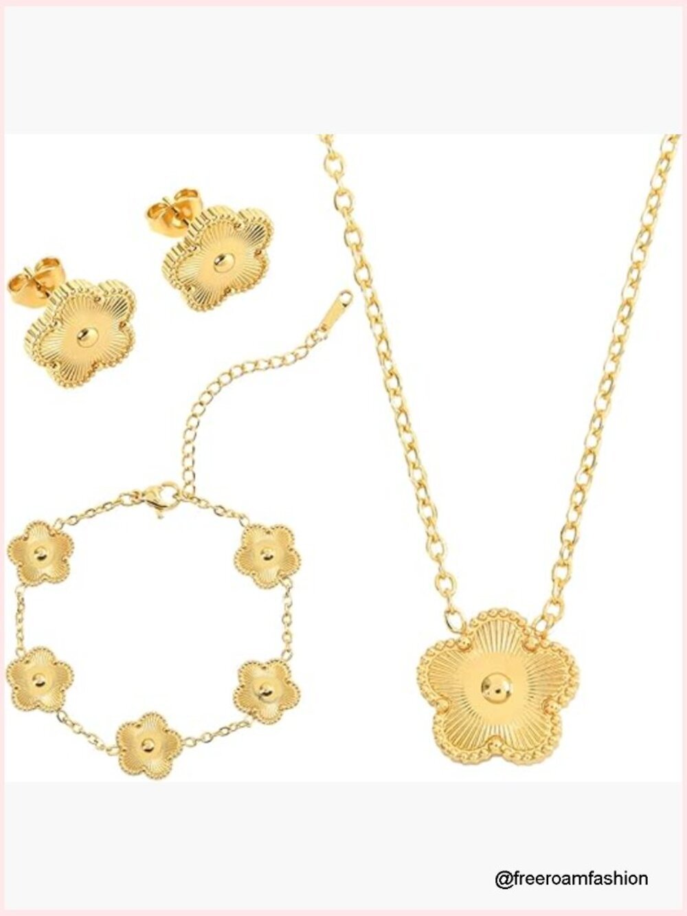 14K Gold-Plated Stainless Steel Four Leaf Clover Jewelry Set Necklace Bracelet